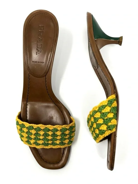 Vintage Prada Green Yellow Crochet Raffia Kitten Heels Slides Sandals 37.5 7.5 - Picture 10 of 10